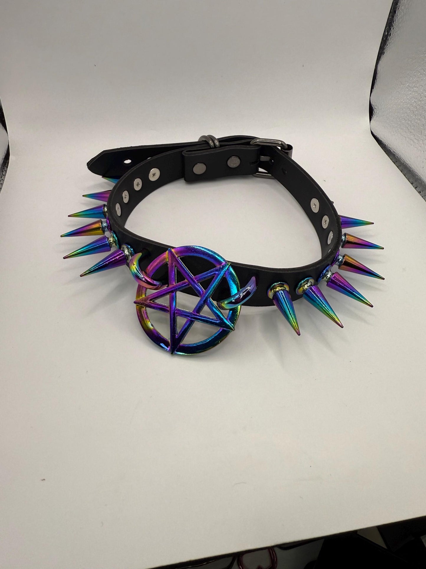 Thin Rainbow Pentagram Spiked Choker