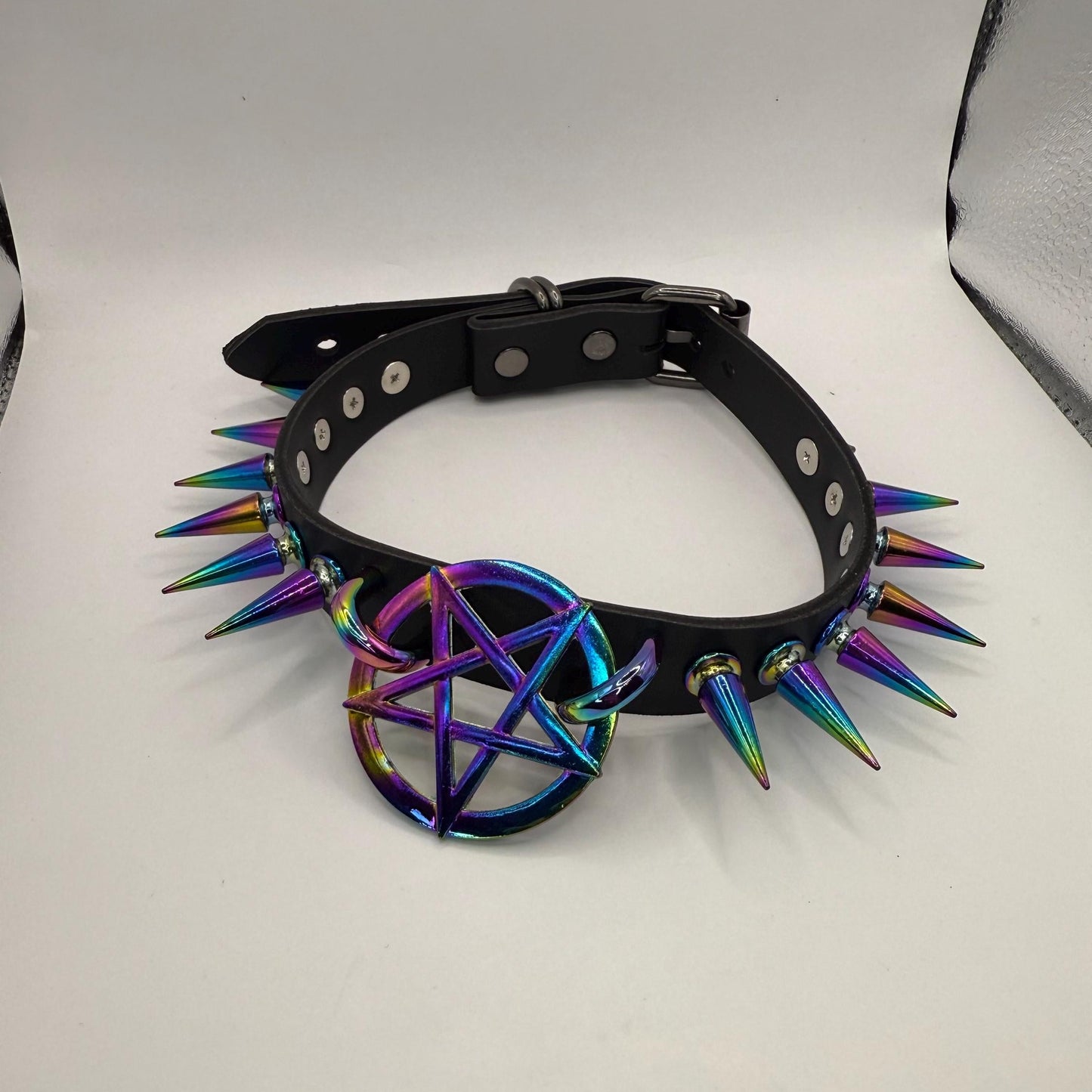 Thin Rainbow Pentagram Spiked Choker