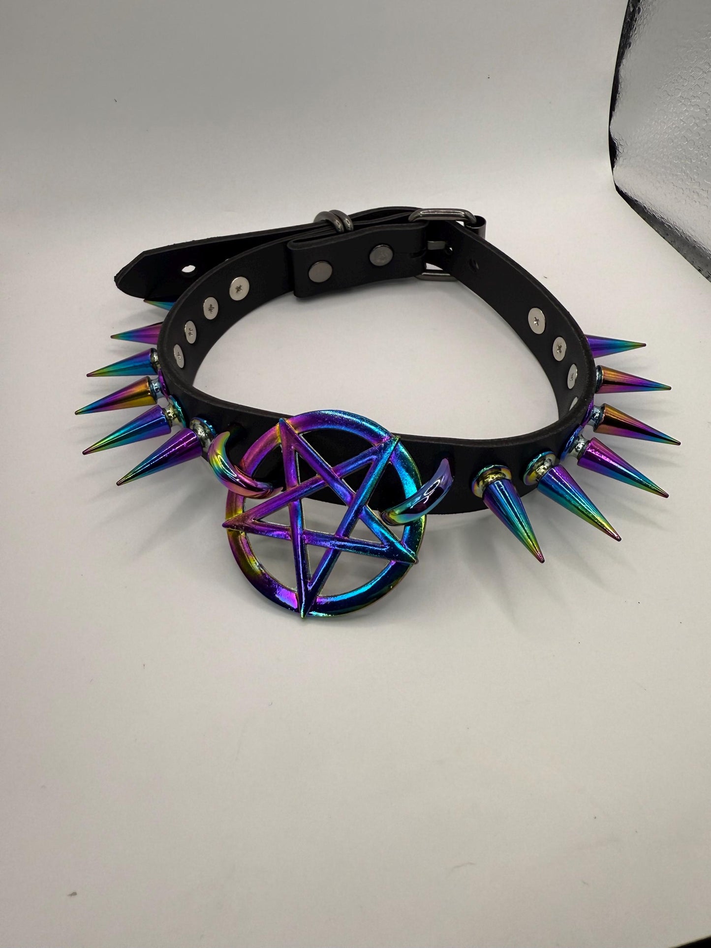 Thin Rainbow Pentagram Spiked Choker